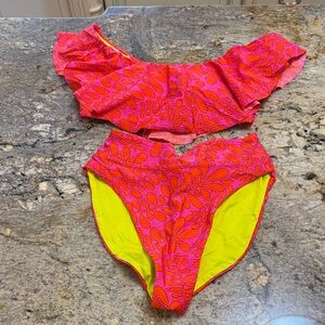 Trina Turk Girls Pink & Neon Yellow Ruffle Two-Piece Swimsuit